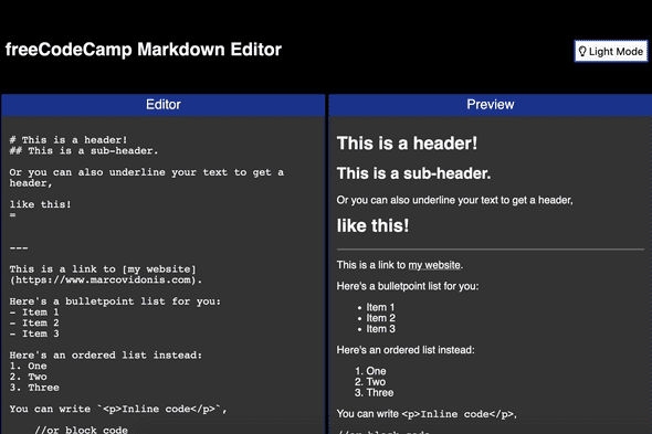 Screenshot of the markdown editor website